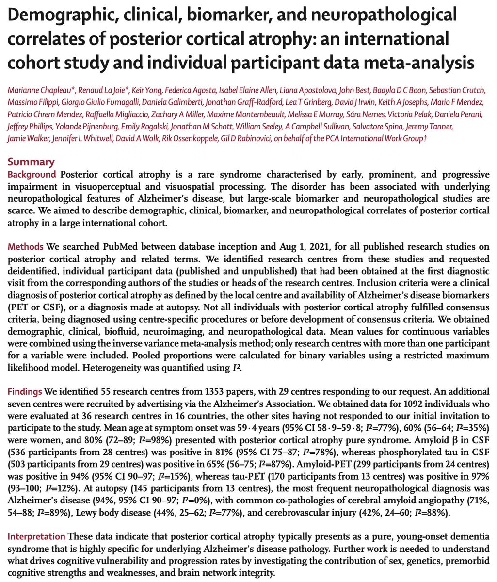 Great to see our large multi-cohort, @UCSFmac-led, study published @TheLancetNeuro (open-access)! It shows that the clinical phenotype 'posterior cortical atrophy [PCA]' is highly specific for #Alzheimer's disease pathology. sciencedirect.com/science/articl…