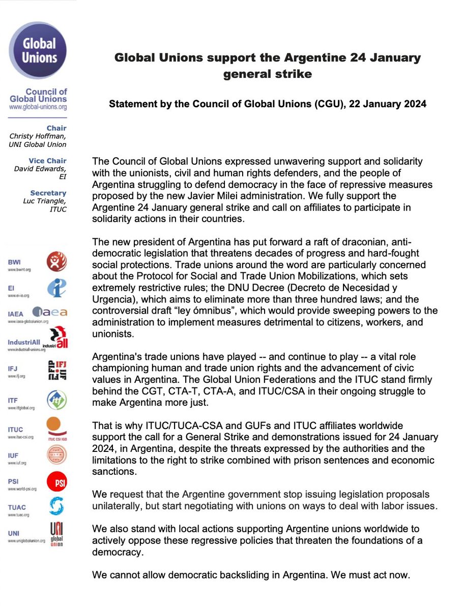 Global unions stand in solidarity with Argentine 🇦🇷 unions ahead of tomorrow's strike, calling on the government stop issuing legislation proposals unilaterally, and instead start negotiating with unions. We cannot allow democratic backsliding in Argentina. We must act now.