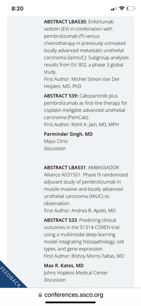 @MHosmanMD @slernerbcmedu1 @siadaneshmand @TomFlaigMD @djmcconkey @MattMilowsky @Dan_Theodorescu @PGrivasMDPhD @montypal @bladdercancer @BladderCaJrnl @OncoAlert @WCMEnglanderIPM @WeillCornell @ASCOPost @OncLive @DrScottTagawa @DrDavidNanus @cnsternberg @DrJonesNauseef @UroDocAsh @neerajaiims Join us in this session with highly anticipated results of EV302 subgroup analysis, PemCab, AMBASSADOR clinical trials and our AI work to predict outcomes from SWOG1314 @OncoAlert @urotoday @ASCO #GU24