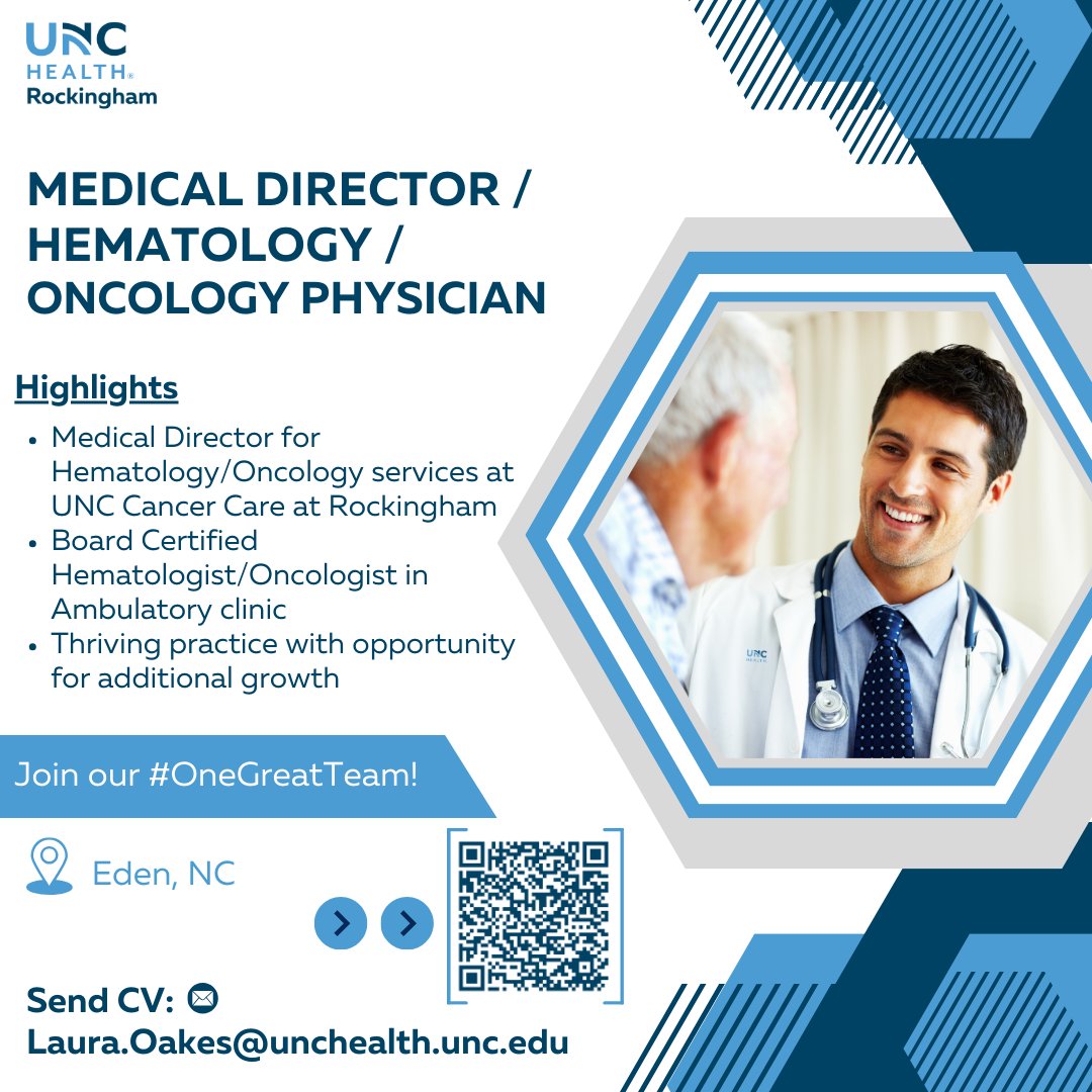 We are excited to announce UNC Cancer Care at Rockingham is seeking a Medical Director / Hematology/Oncology Physician! #MedicalDirector #UNCHealthRockingham #hematologyoncology

jobs.unchealthcare.org/jobs/10884729-…

#oncology #oncologist #hematology #hemonc