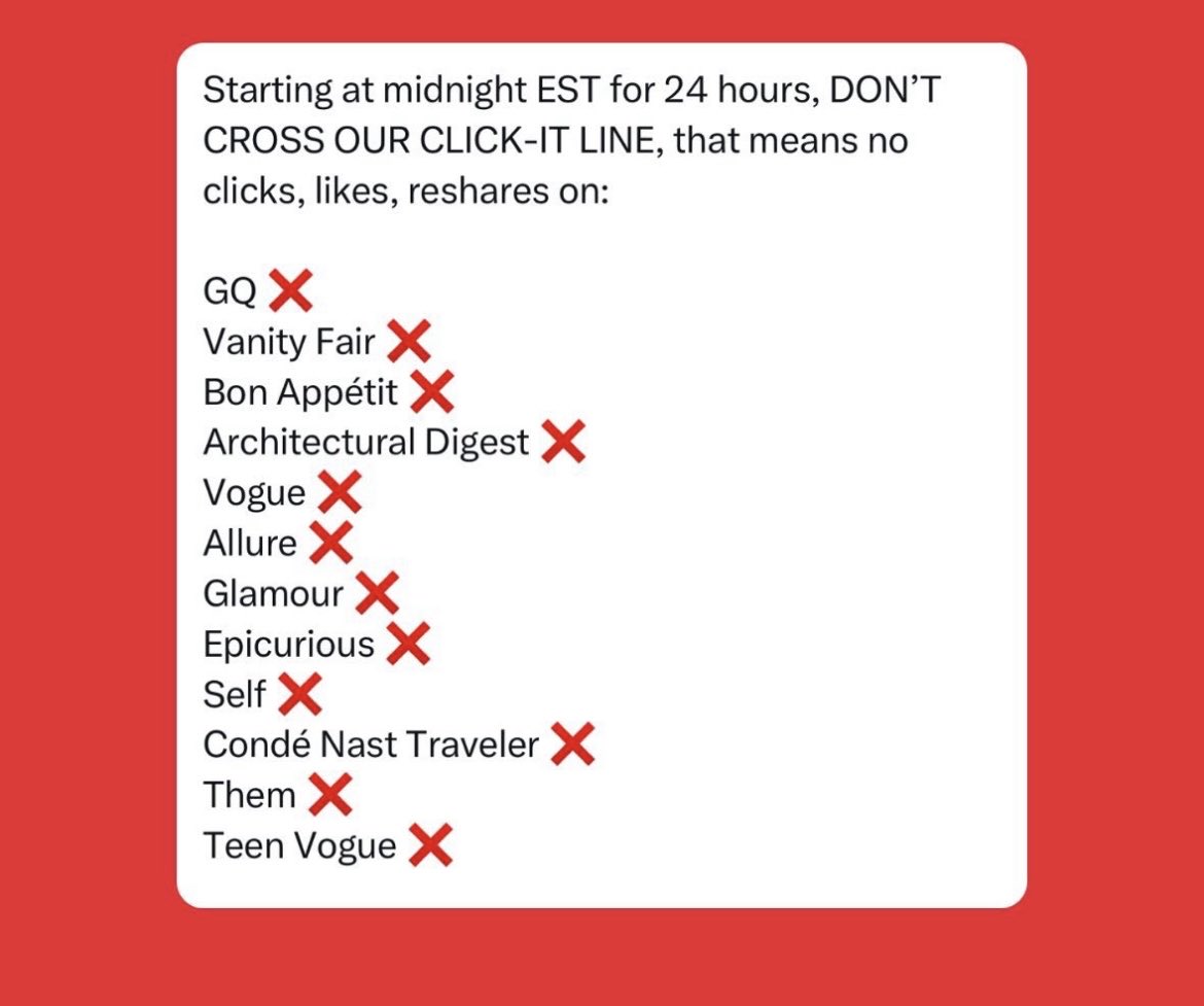 Alma Avalle (@goodbyealma) on Twitter photo CONDÉ NAST WORKERS ARE ON STRIKE:
For 24 hours, members of the <a href="/condeunion/">condeunion</a> are withholding our labor in response to a regressive offer from <a href="/CondeNast/">Condé Nast</a> management over the nearly 100 employees they want to lay off CONDÉ NAST WORKERS ARE ON STRIKE:
For 24 hours, members of the <a href="/condeunion/">condeunion</a> are withholding our labor in response to a regressive offer from <a href="/CondeNast/">Condé Nast</a> management over the nearly 100 employees they want to lay off
