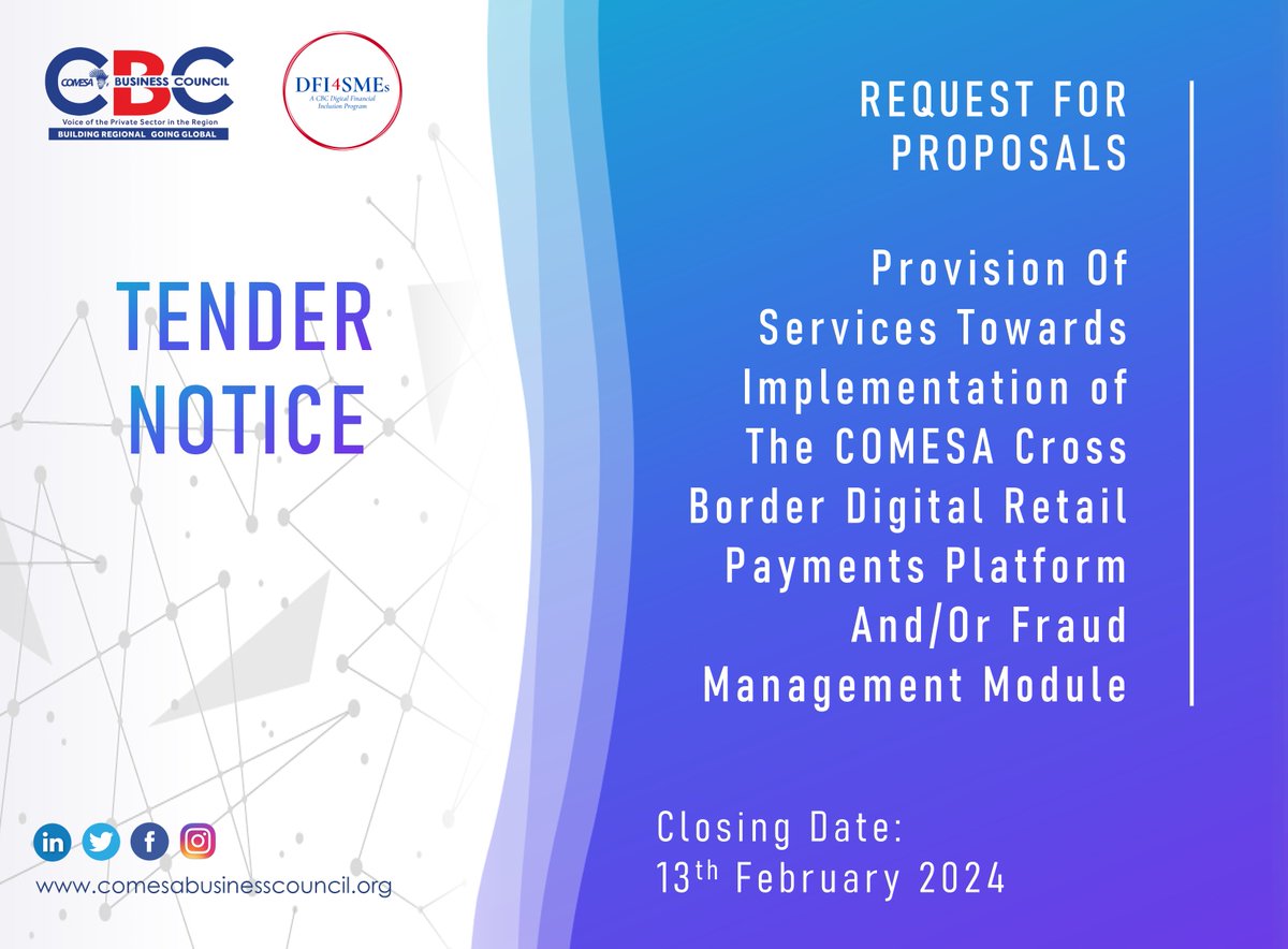 Inviting proposals from adept implementation firms to spearhead the commissioning of the COMESA Cross-Border #DigitalRetailPayments Platform! Learn more🌐tinyurl.com/yh43tdpj #financialinclusion #crossborderpayments #inclusivefinance #fintechinnovation #tech4good