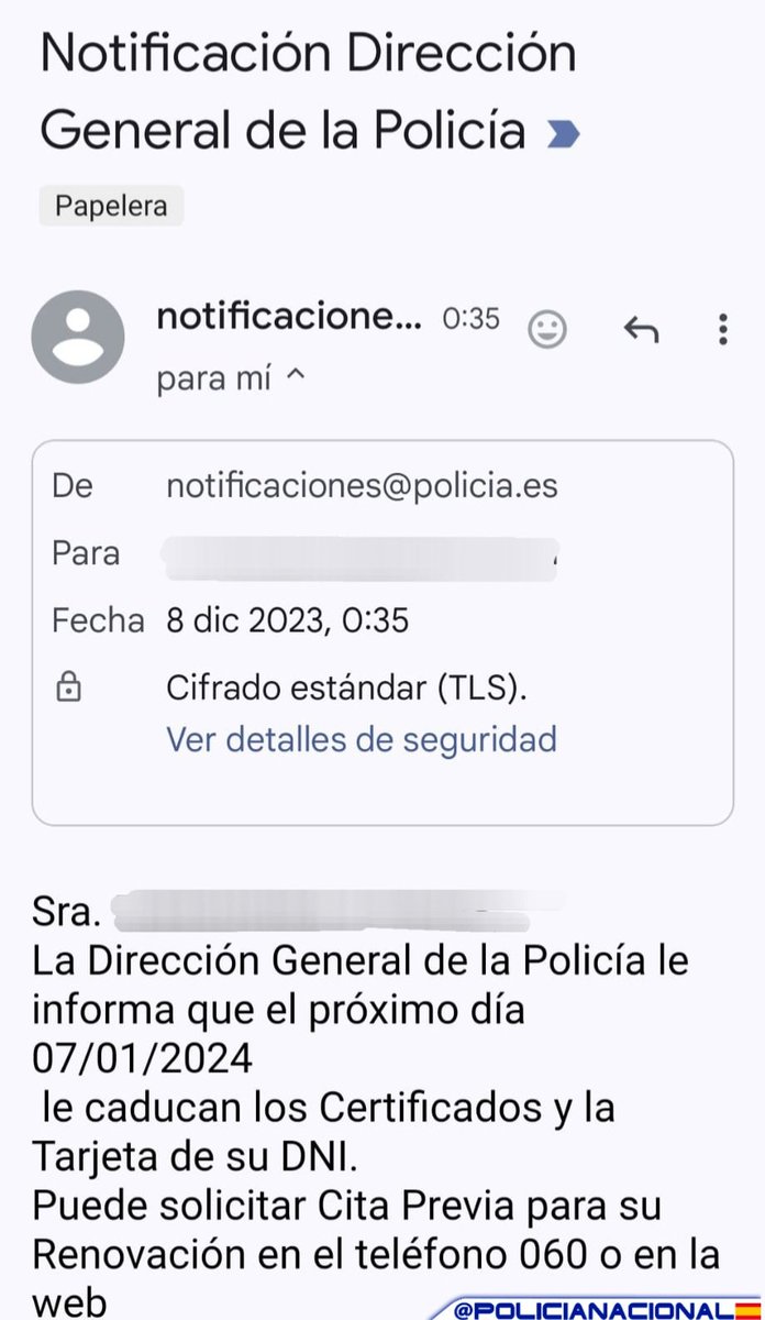 ¿Has recibido un 📧correo como este?

🤚¡¡Traaaaaaaaaaaaanqui!! 
Que somos nosotros👮‍♀️👮‍♂️

🔄Es para que renueves los certificados digitales del #DNI, cuya fecha de caducidad es distinta a la del documento físico

📍Sin cita previa, en los puntos de actualización de las comisarías