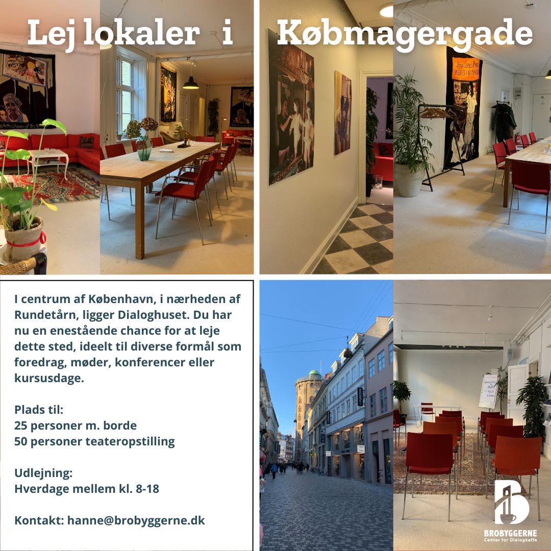 Leder du efter et sted til din begivenhed? 🎉 Plads til cirka 25 personer med borde og omkring 50 personer i teateropstilling. Lokaleleje på hverdage fra kl. 8-18 til 4000 kr. Hele dagen eller blot nogle få timer. For mere info, kontakt Hanne Brodersen på hanne@brobyggerne.dk.