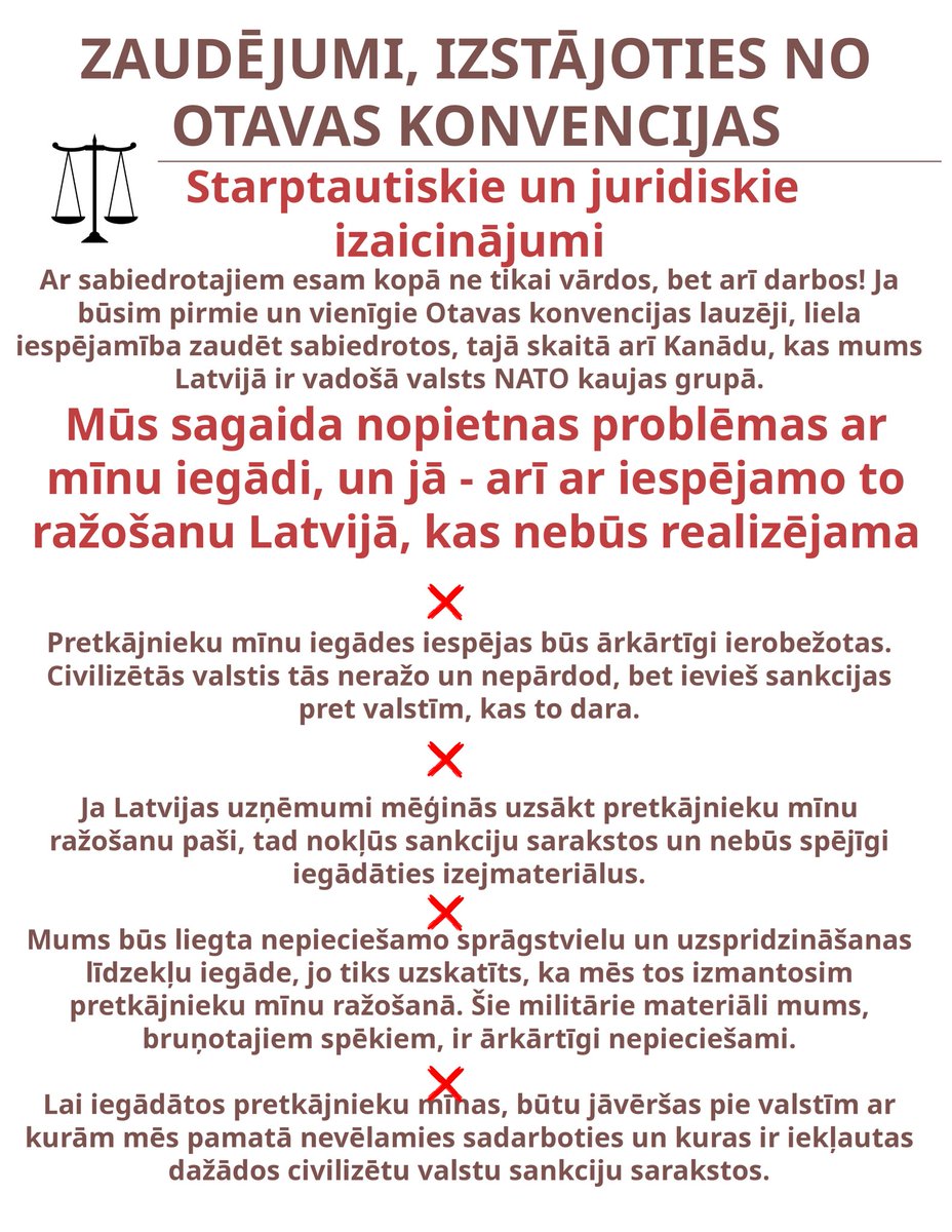 Mums ir ko zaudēt, tāpēc absolūti nav nekāda pamata izstāties no Otavas konvencijas. Ieguvumus mēs, NBS, nesaskatām.