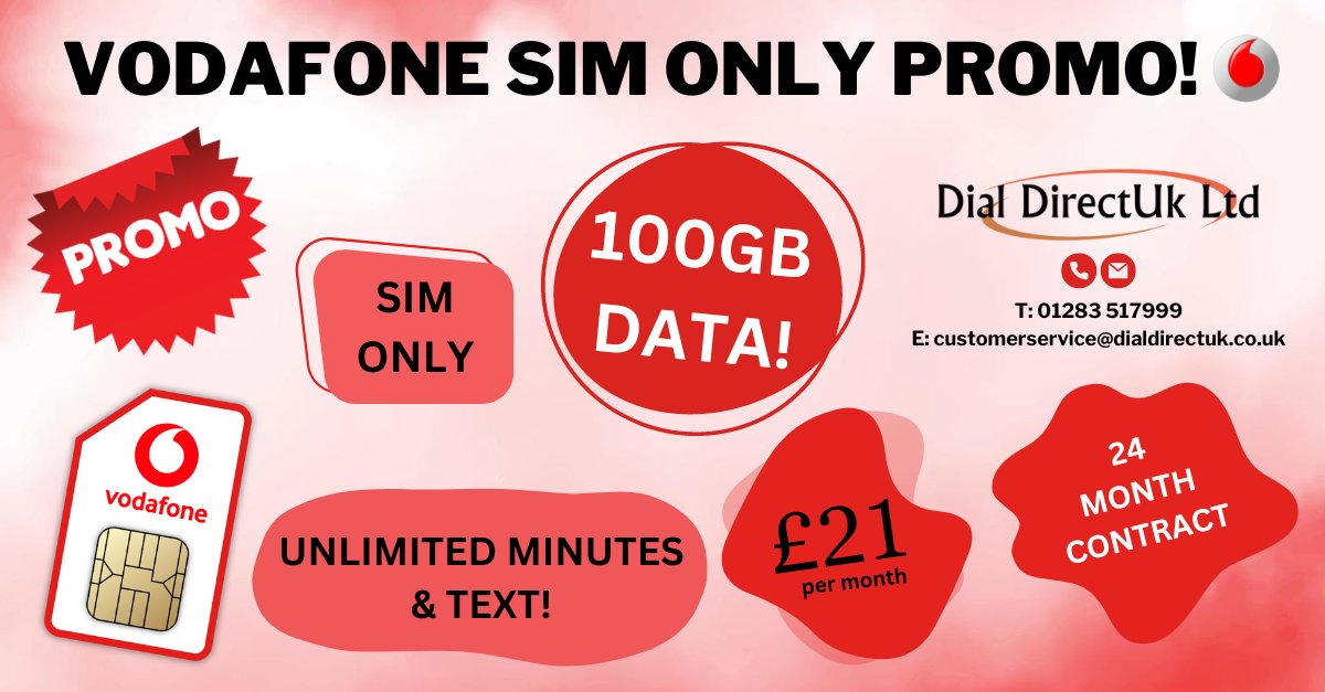 DialDirectUk's tweet image. PROMO! 100GB data for £21! Offer ends 01/03/24. #mobile #business #vodafone #simonly #promo #offer #technology #sim