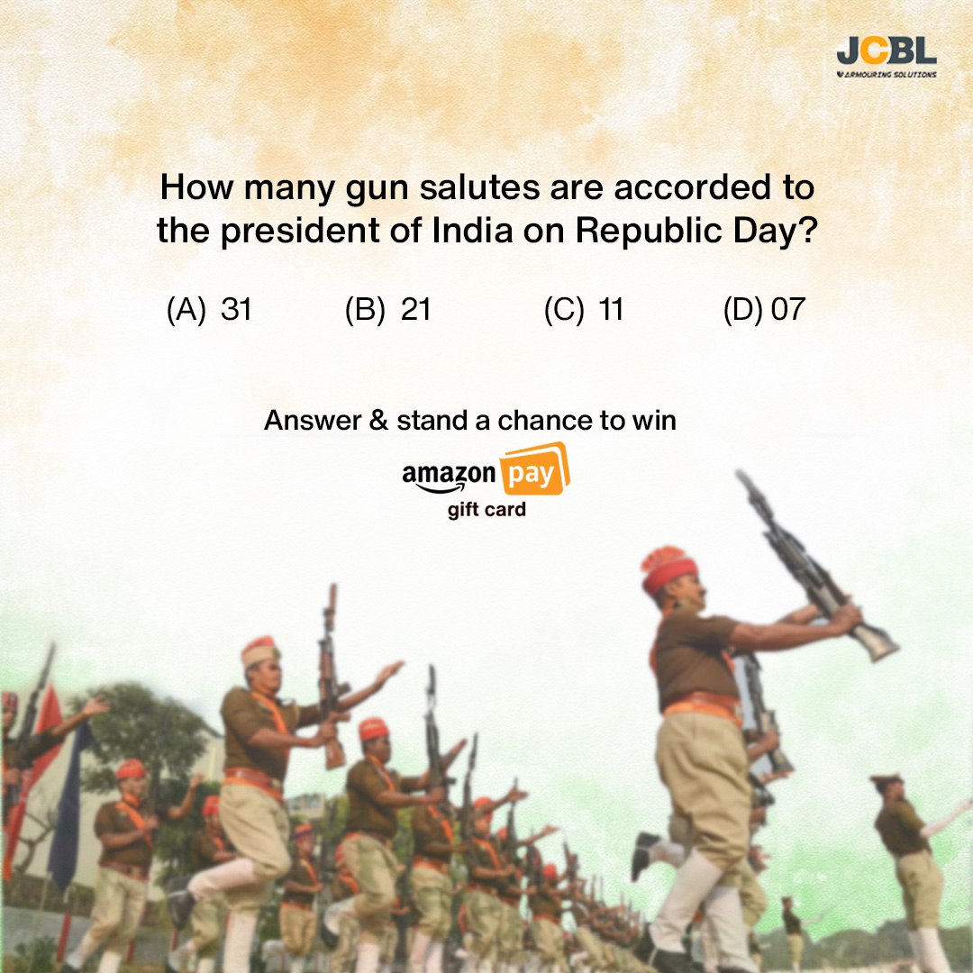 jcblarmoring's tweet image. Can you guess the exact number of gun salutes that are performed by the firing of cannons as a military honor?
Participate now a chance to win Amazon Pay Gift Card.
👉 Rules to follow:-  1- Like &amp;amp; Follow Us.   2- Retweet this post   3- Tag 3 of your friends     #ContestAlert