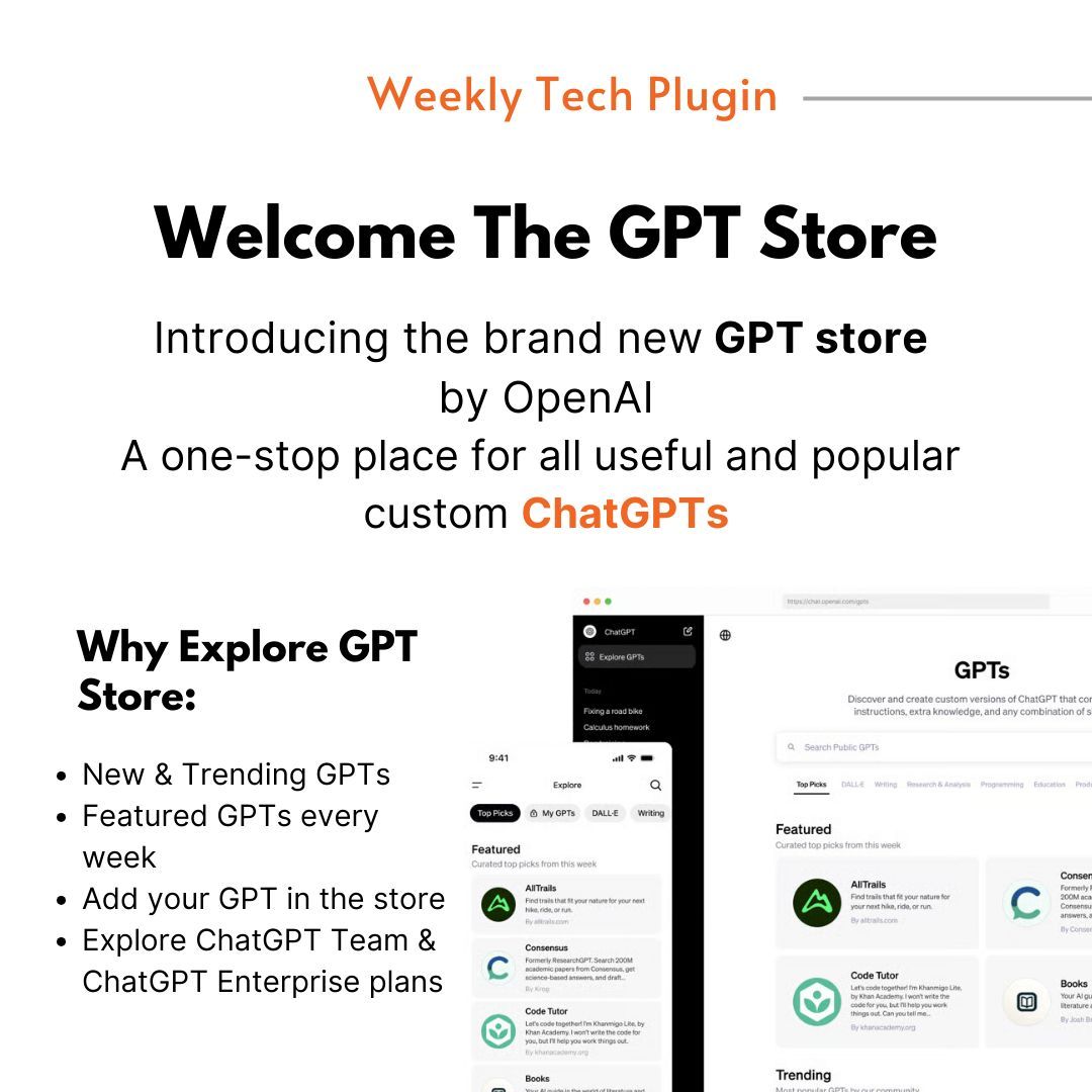 Tech Buzz! Another exciting addition to the AI world with the launch of GPT Store, a marketplace for custom versions of ChatGPT. Visit buff.ly/3vHdSYB to explore what’s trending in the store and discover new possibilities. #GPTStore #ai #customgpts #openai #techtrend