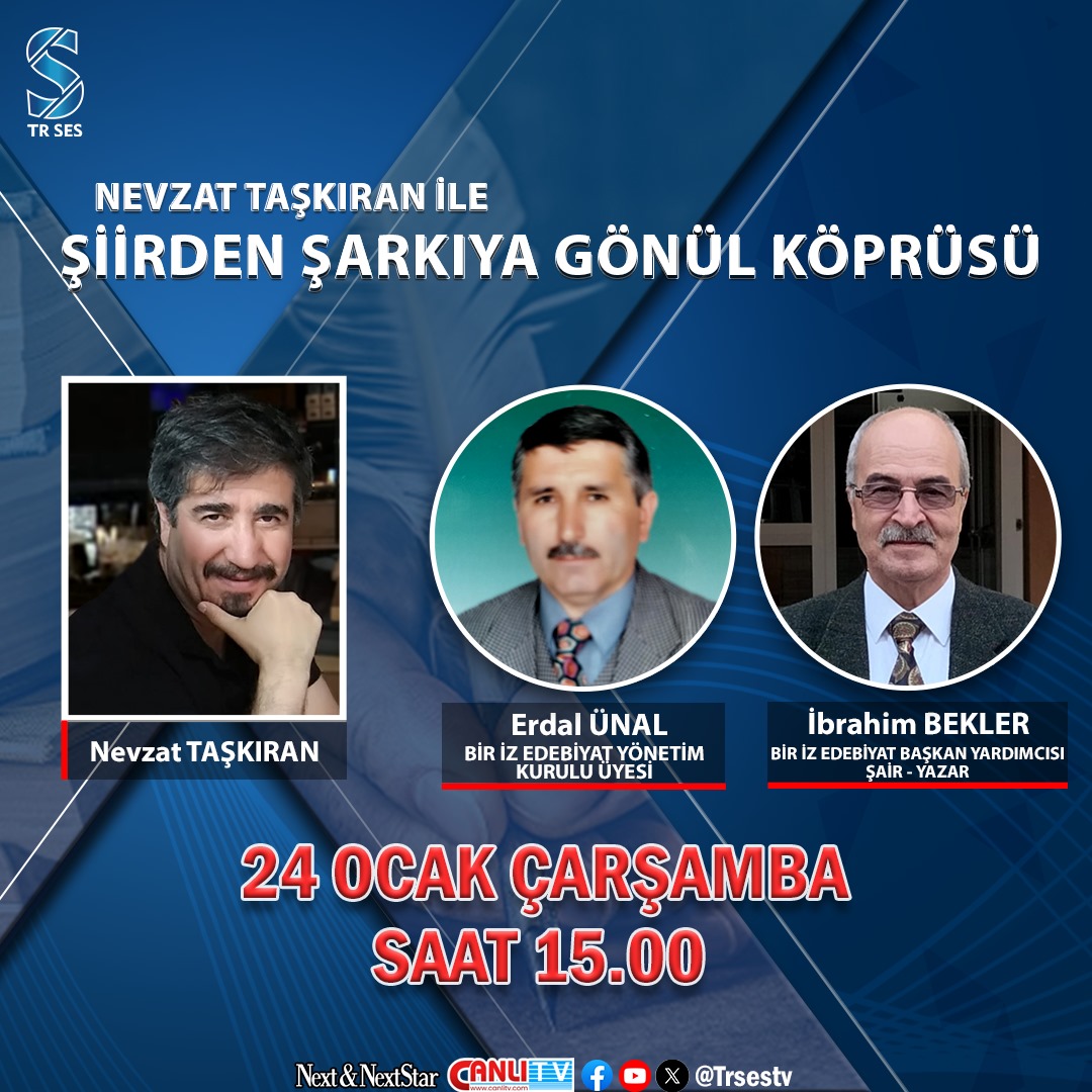 Nevzat TAŞKIRAN ile Şiirden Şarkıya Gönül Köprüsü programına yarın saat 15.00’te Bir İz Edebiyat Yönetim Kurulu Üyesi Erdal ÜNAL ve Bir İz Edebiyat Başkan Yardımcısı Şair- Yazar Ibrahim BEKLER konuk olacak. Yayınımızı Tr ses tv youtube kanalından ve Canlı tv den izleyebilirsiniz.