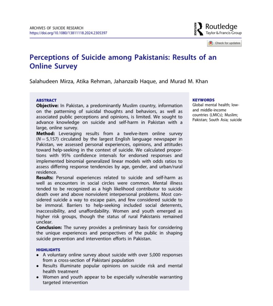Our paper in Archives of Suicide Research <a href="/IASR_Suicide/">IASR SuicideResearch</a> is a sincere effort to improve understandings on suicide in Pakistan, which has one of largest Muslim populations in world (>200 M)

🔗 doi.org/10.1080/138111…

#suicideprevention #Pakistan <a href="/MuradMKhan/">Murad M Khan</a>
