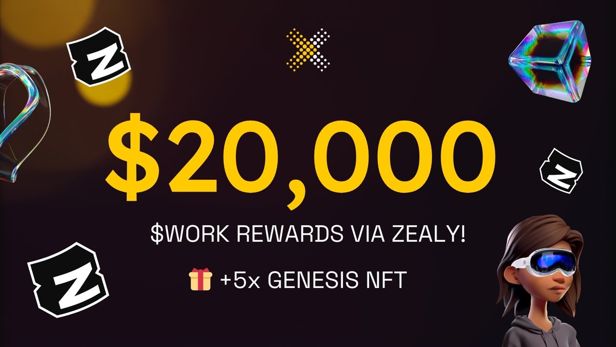 🏆 ZEALY CAMPAIGN STARTS TODAY 🏆

🔥 With the Work X Genesis NFT revealed we will kick-off a new zealy campaign with tons of new quests

📅 Start time: Today 4PM CET

🃏 Requirement to go for the top spots: a Genesis NFT

🌊 No NFT? Buy it here: opensea.io/collection/wor…