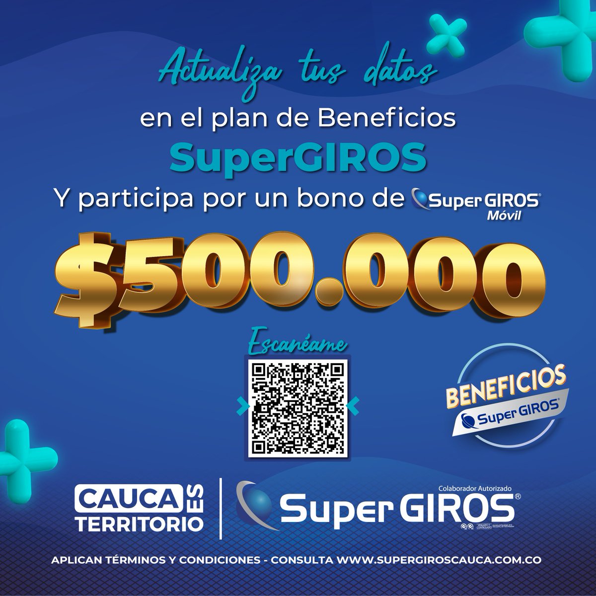 SuperGIROSCauca's tweet photo. ¡En SuperGIROS nos encanta premiarte! 🤩

Actualiza tus datos en nuestro Plan de Beneficios escaneando 📲 el código QR o en el link 👉 https://t.co/QSfEwkAsHz 👈 y participa por un bono de $500.000🤑

#CaucaTerritorioSuperGIROS #TodoXNuestraGente https://t.co/vbYTqIWhxq