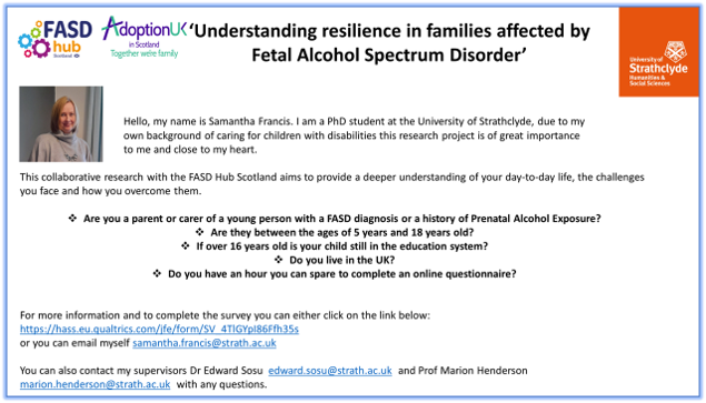 hass.eu.qualtrics.com/jfe/form/SV_4T… 
!!Research project on Wellbeing in families affected by FASD!! 
If you are a parent/carer of a child with a diagnosis of FASD or a history of PAE living in the UK. I would like to ask you to complete this important questionnaire.
Please repost!!!