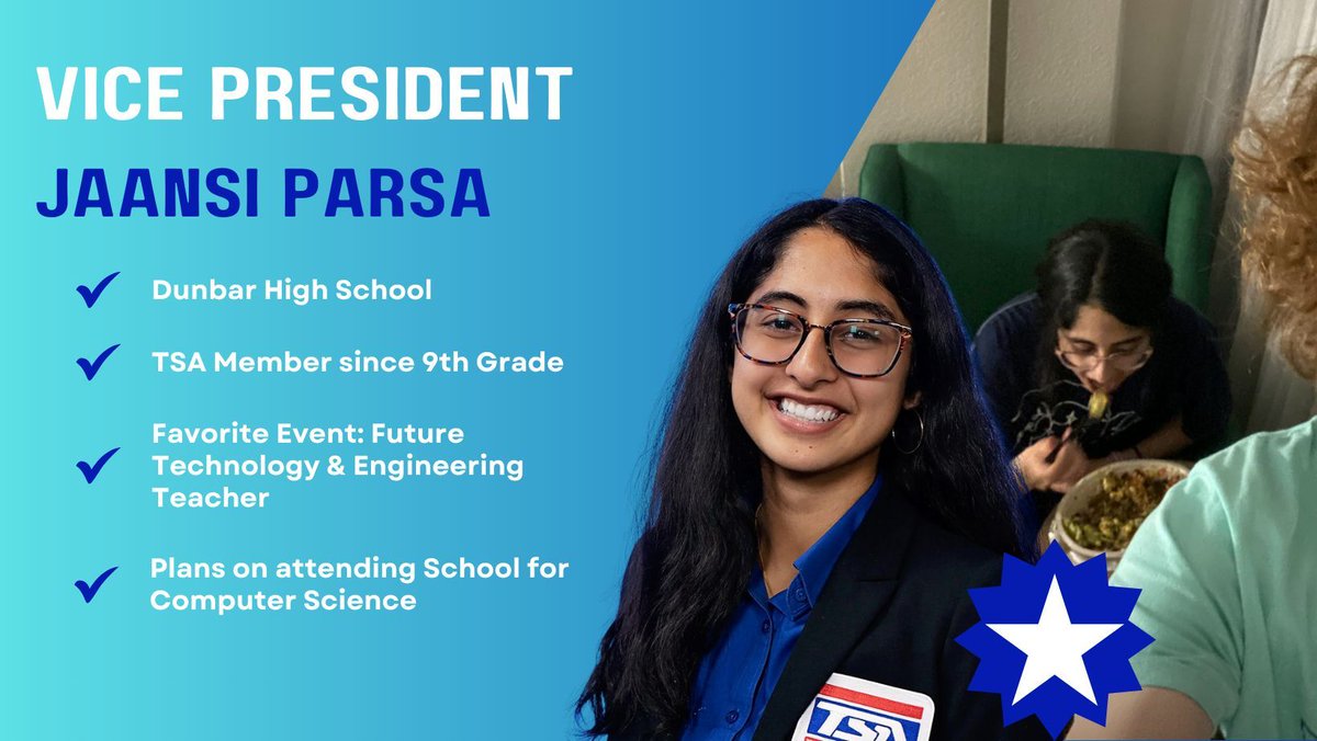 Florida TSA (@fltsa) on Twitter photo 🌟 TSA Vice President - Jaansi Parsa, a senior at Dunbar High School and has been involved with TSA since the 9th grade. Her favorite event is Future Technology and Engineering Teacher and she was excited to contribute to a great organization with her education skills. 🌟 TSA Vice President - Jaansi Parsa, a senior at Dunbar High School and has been involved with TSA since the 9th grade. Her favorite event is Future Technology and Engineering Teacher and she was excited to contribute to a great organization with her education skills.