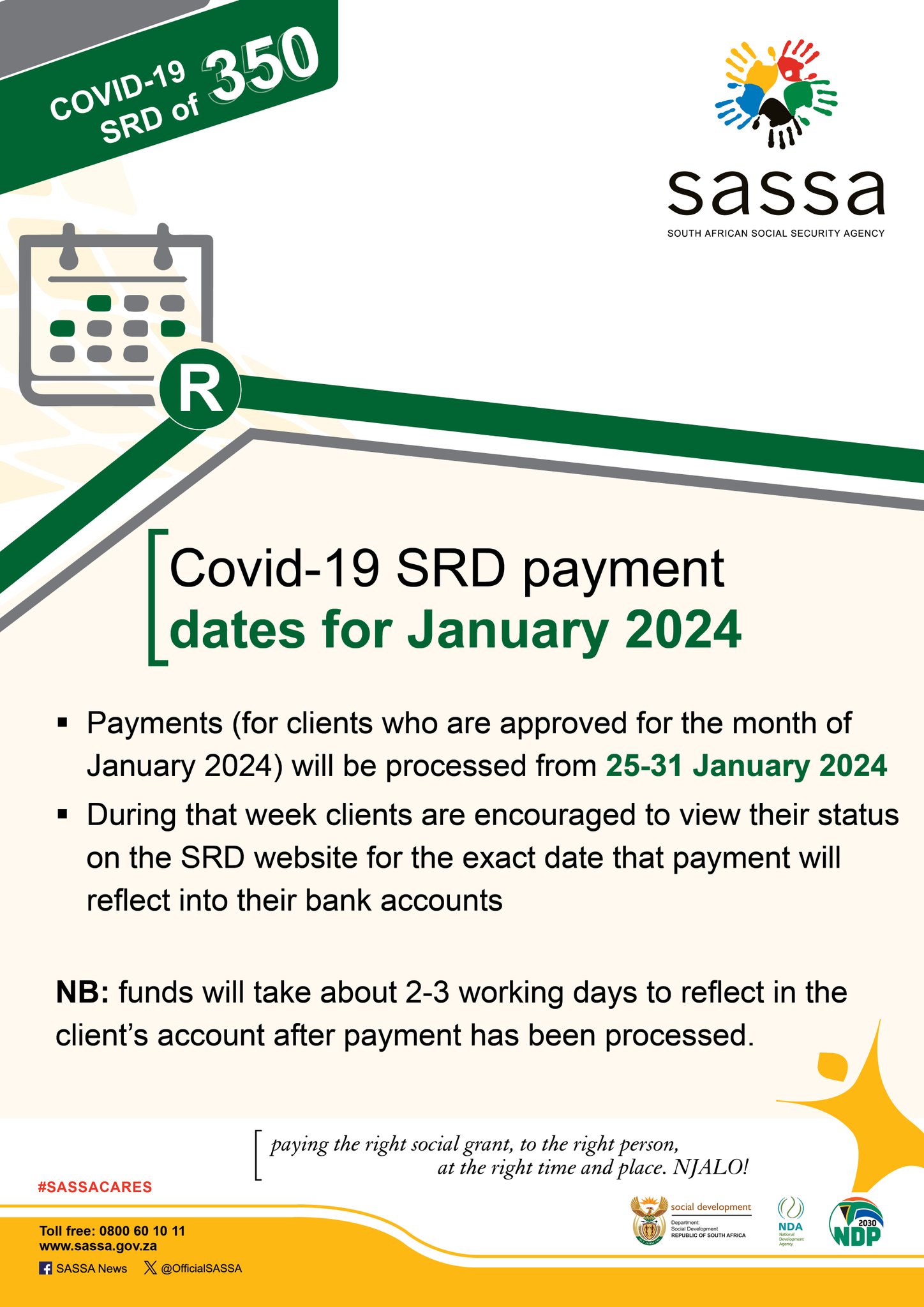 SASSA on X: &ldquo;COVID-19 SRD payment dates for January 2024 @The_DSD 