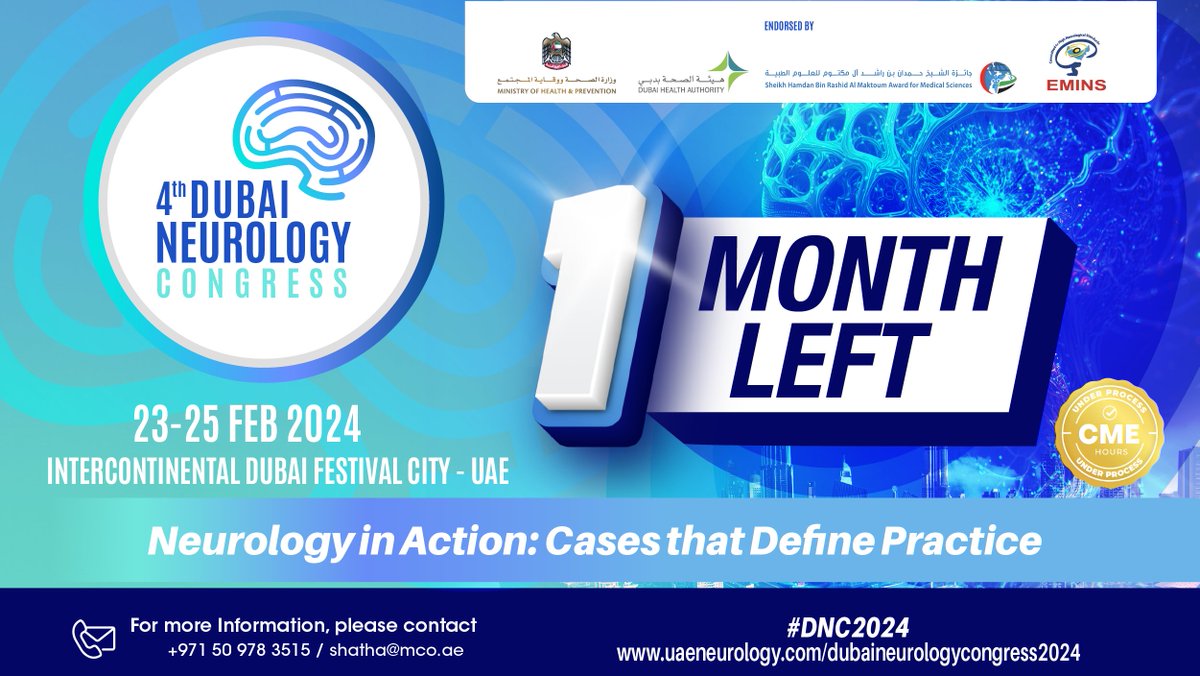 Only 1 month left until the 4th Dubai Neurology Congress! ⏳

Secure your spot for an unparalleled journey into the forefront of neurology. 🎯

Register Now: shorturl.at/dtEG5

#DNC2024 #CountdownBegins #NeurologyAdvancements