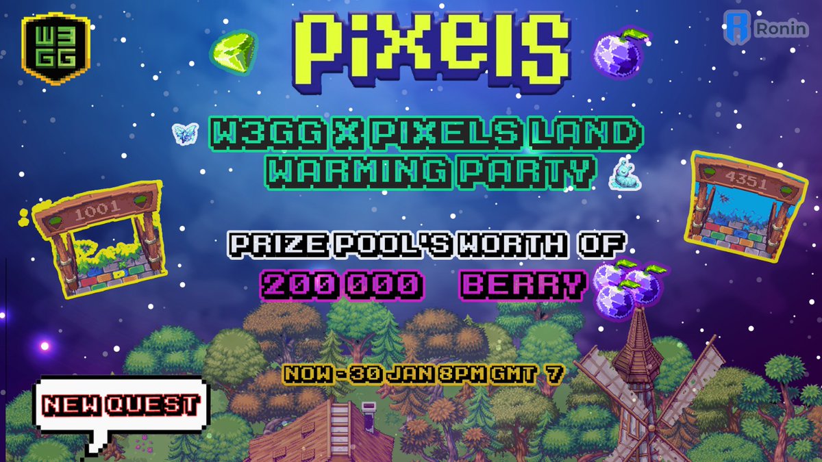w3ggofficial's tweet photo. 🚨NEW PIXELS QUEST ALERT! 🚨

Pay attention, Pixels Players! Again, this one is for you 🧑🏻‍🌾

Just when the previous quest ended, we are starting another exciting quest starts NOW with a prize more than 200,000 $BERRY ‼️

Join Now: https://t.co/Ak3baJdYp8
Complete ALL TASKS to be eligible for the prizes and let's get farm frenzy at W3GG land 4351 and 1001

🏆 Check out the prizes!

🥇1st winner gets 1998 Watermint (worth 47,592 $BERRY)
🥈2nd & 🥉3rd winner gets 999 Watermint each (worth 23,976 $BERRY)

🫐 50,000 $BERRY will be randomly given to 5 lucky farmers who farm more than 2000 XP 

✨ And last but note least: FIRST COME FIRST SERVE 40 DRILLS & 40 SLUGS 🤩
First 20 people who complete all TASKS in the QUEST and visit land 4351 and land 1001 to trade with the player “Goodfella” after the livestream ended on the 23rd Jan will get 4 DRILLS OR 4 SLUGS each! 

What are you waiting for?! IT IS ON! 🧑🏻‍🌾✨

Head to our quest NOW: https://t.co/Ak3baJdYp8

@pixels_online
@Ronin_Network

#W3GG #Pixels #RoninNetwork