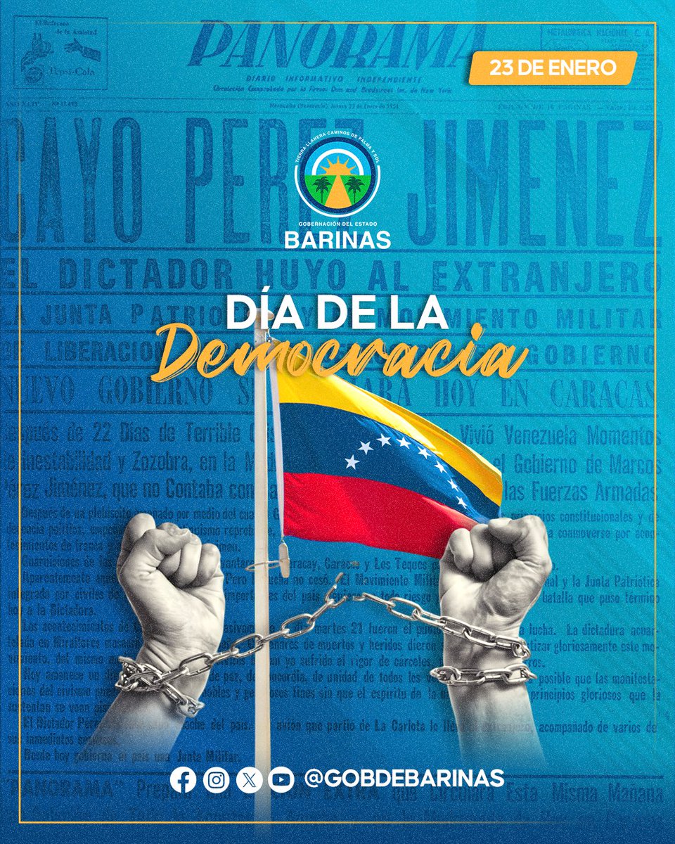Hoy, #23ene, conmemoramos un hito histórico en nuestra nación. Es un día para recordar y valorar la importancia de la democracia en nuestro país. Celebremos el #DíaDeLaDemocracia en Venezuela, recordando la Rebelión Cívico-Militar que puso fin a la dictadura en 1958.