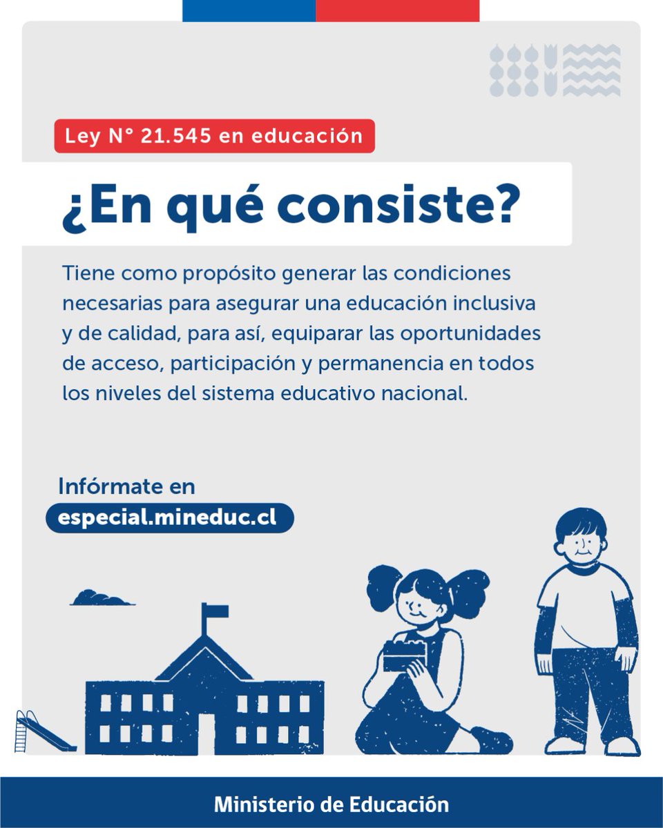 Como ministerio reafirmamos nuestro compromiso por asegurar una educación inclusiva y de calidad a todas las niñas, niños, adolescentes y personas adultas📚🤝.   

Infórmate sobre la ley 21.545 en especial.mineduc.cl/implementacion…