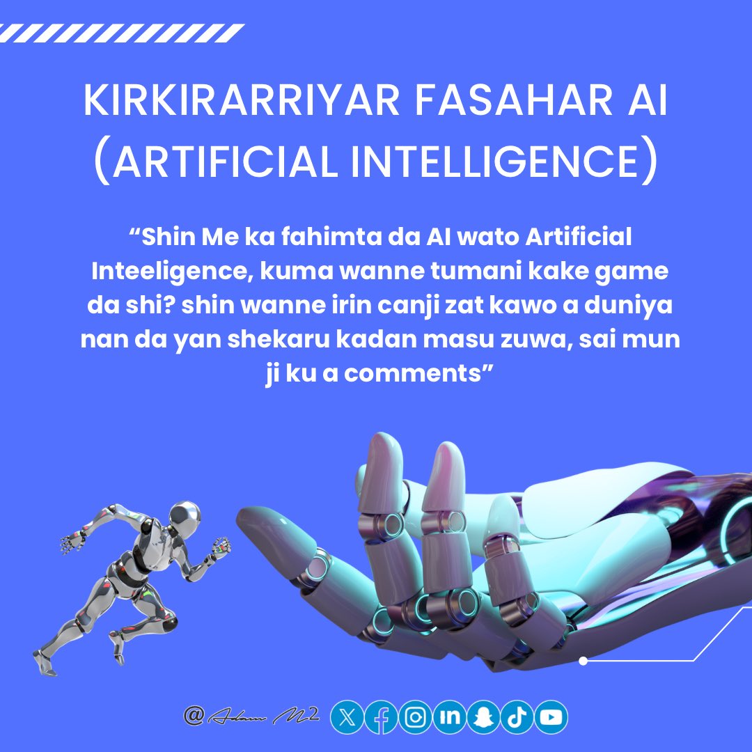 adamfm81's tweet image. Shin Me kuka fahimta da kirkirarriyar fasahar AI wato (Artificial Intelligence)???🦾🤖🦿#artificialintelligence #AI #roboticschallenge