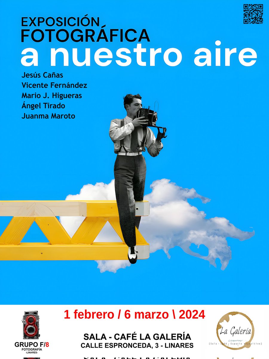 Del 
1 de febrero
al 6 de marzo de 2024, 
se podrá visitar en la sala 
La Galería de Linares, 
la exposición "a nuestro aire", con la que oxigenamos, 
con una bocanada 
de aire fresco, 
el panorama cultural.

#fotografía #exposicion #linares #jaen #andalucia #grupof8