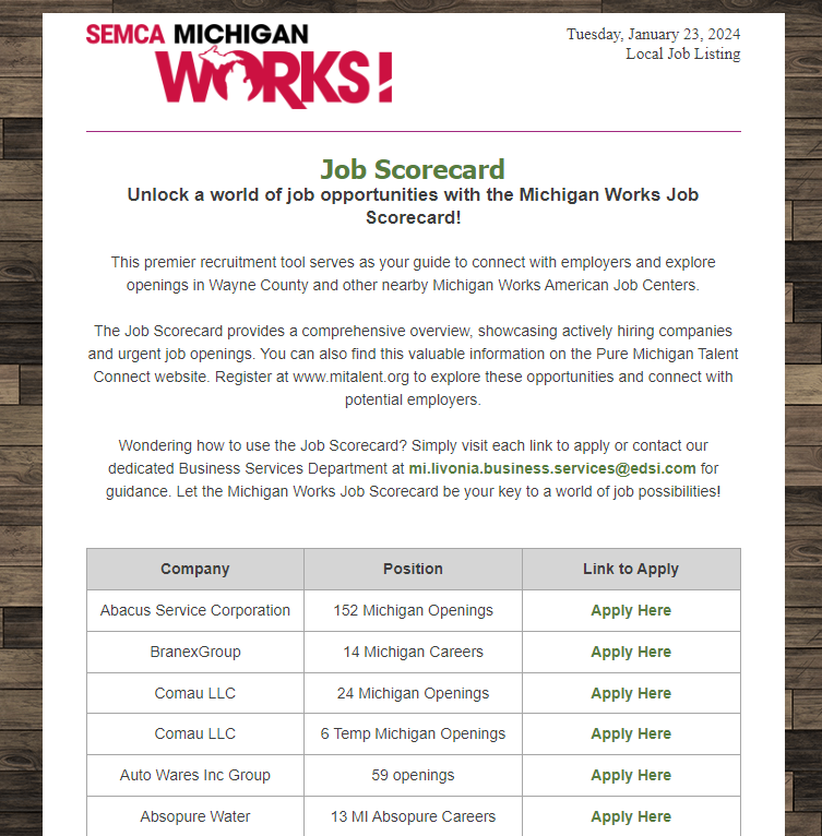 SEMCA_MWA_LIV's tweet image. 🌐 Explore this week's job listings at Michigan Works Livonia with the Job Scorecard! 🔓 Unlock a world of opportunities for your career journey. Check out the details here: conta.cc/4b1UdTv #JobOpportunities #MichiganWorks #CareerAdvancement