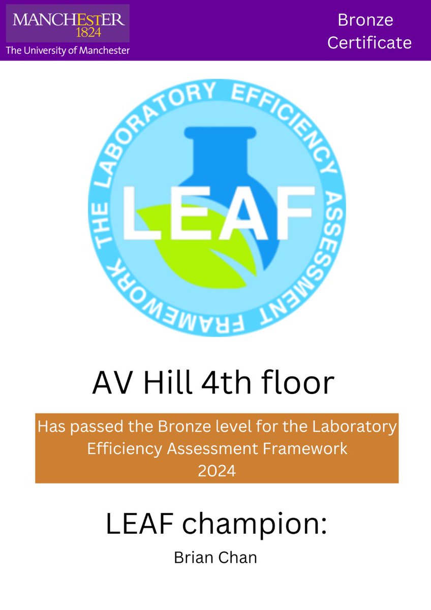 👏Congratulations to @Labninja2 from the @ProfJudiAllen lab group on being awarded a @LEAFinLabs Bronze Award for the AV Hill 4th-floor labs! This illustrates our commitment to improving lab sustainability across the Becker and @FBMH_UoM @OfficialUoM!