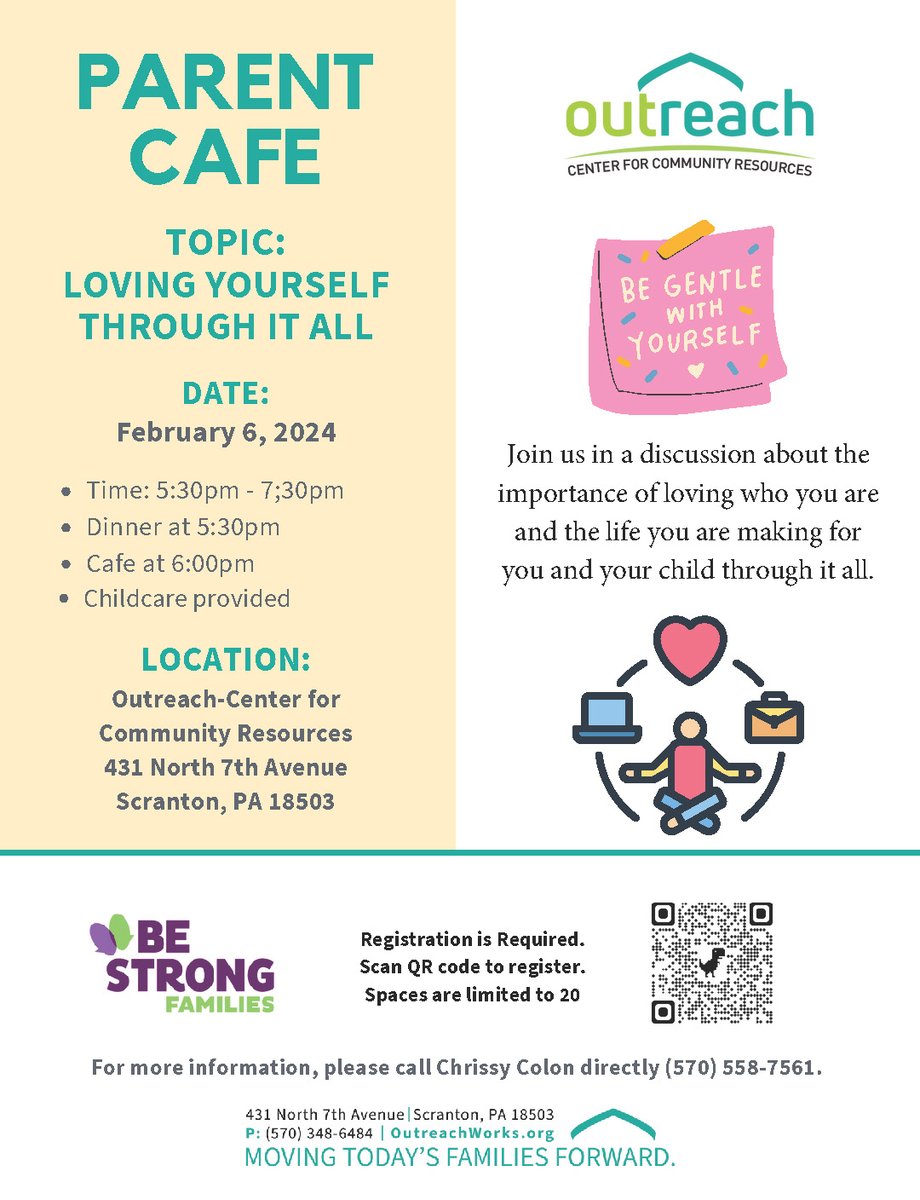 The next Parent Cafe at Outreach will be held on February 6 - register to share a meal and some parenting support.

#communitysupport #OutreachCenterforCommunityResources #familystability #OutreachWorks #Scranton #childsfirstteacher #families #parentchildbonding #parenting