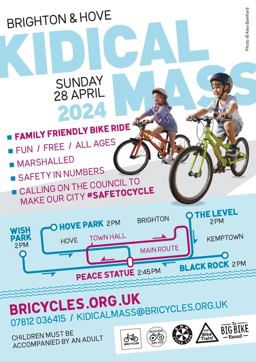 Bricycles's tweet image. 😀It&apos;s back! After the huge success of last year&apos;s first Brighton Kidical Mass, we have another, on Sunday 28th April at 2pm. With 4 start points, get it in your diary now!🚲