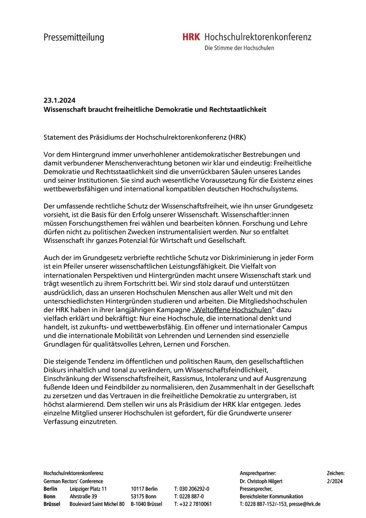 (1/11) Statement des Präsidiums der Hochschulrektorenkonferenz: Wissenschaft braucht freiheitliche Demokratie und Rechtstaatlichkeit. hrk.de/presse/pressem…