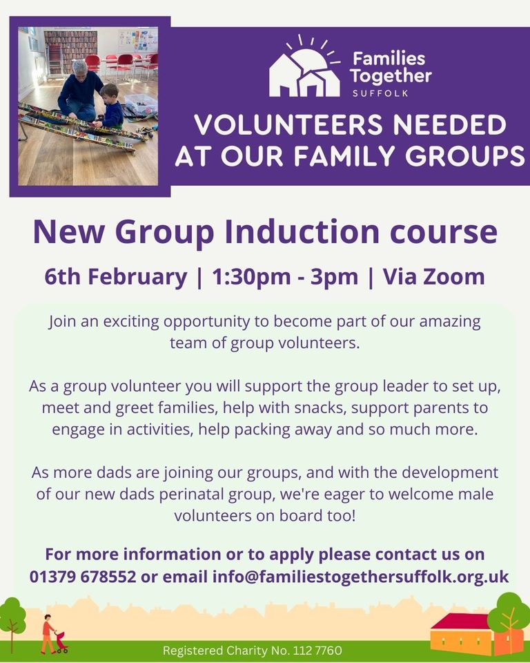 It's not to late to join our Group Volunteering training, Feb 6th, 1:30-3pm via Zoom! Listening, offering a friendly smile or assisting with setup, you can make a real difference. Help create a sense of connection & involvement for families. Call 01379 678552 for more details 👍