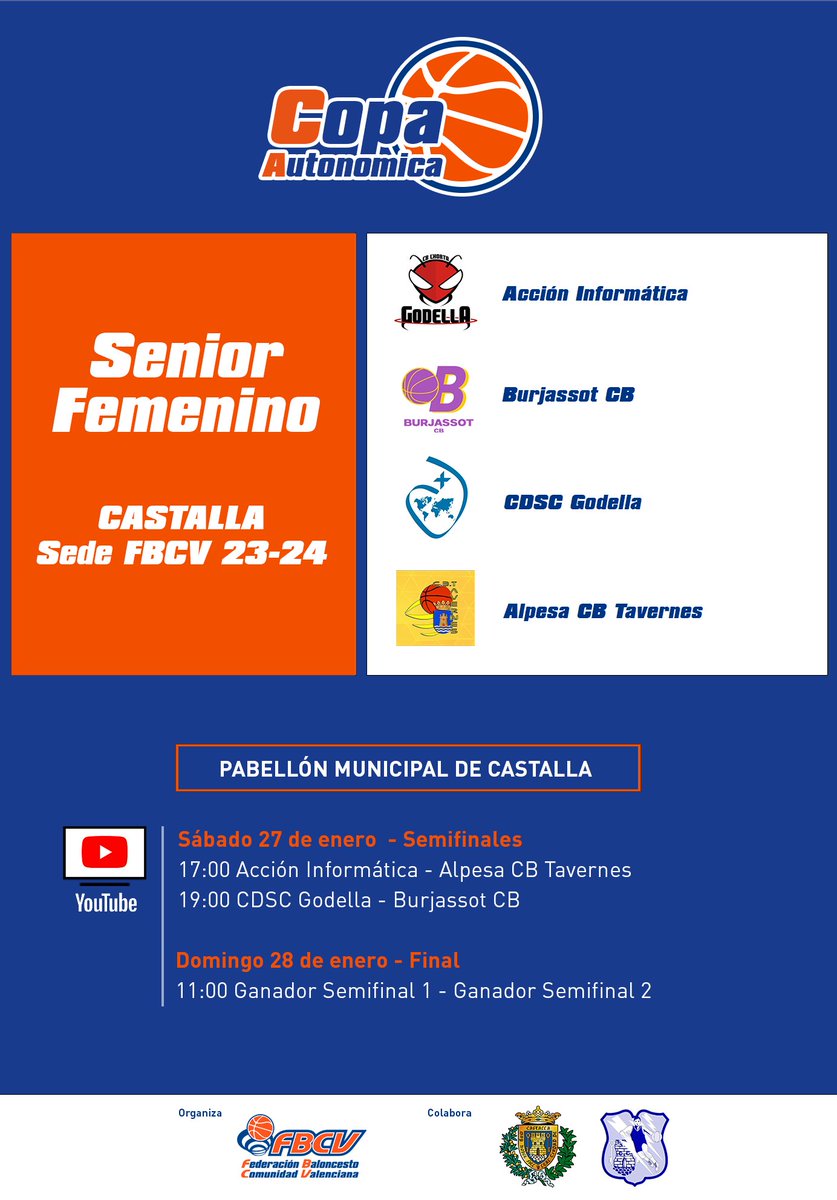 🏆 #CopaFBCV Senior Femenino Autonómico
<a href="/cbtavernes/">C.B. TAVERNES</a> <a href="/cblhortagodella/">CB L'Horta Godella</a>  <a href="/BurjassotCB/">Burjassot CB</a> y CDSC Godella competirán por esta primera edición