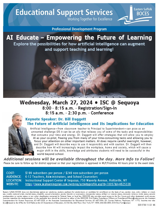 3/27 AI Educate: Empowering the Future of Learning Presented by Dr. Bill Daggett
Click here to register: bit.ly/4967VTi