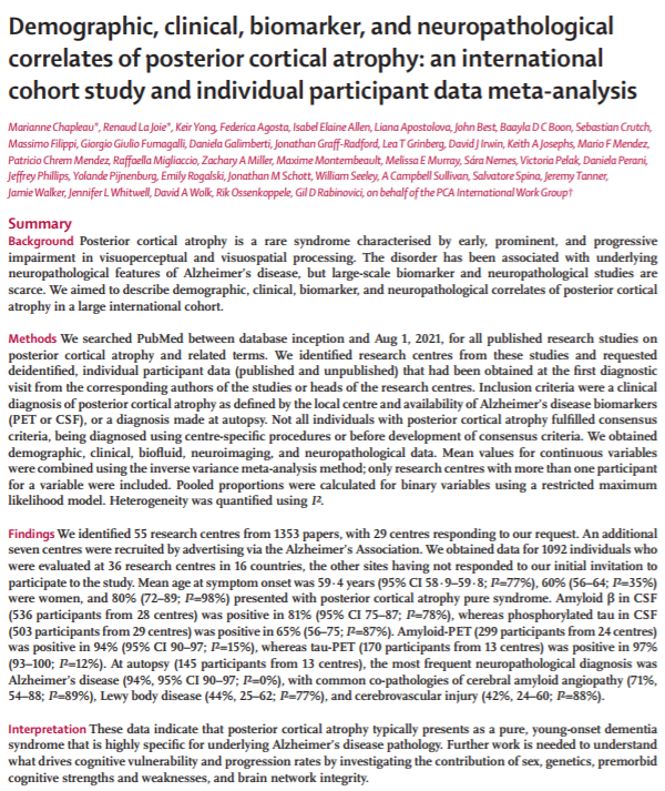 Wonderful to see this large multi-center study on posterior cortical atrophy in @LancetNeuro! @ISTAART @AtypicalPIA is pleased to have facilitated this international collaborative effort 🎉 Publication: doi.org/10.1016/S1474-… Editorial: doi.org/10.1016/S1474-…