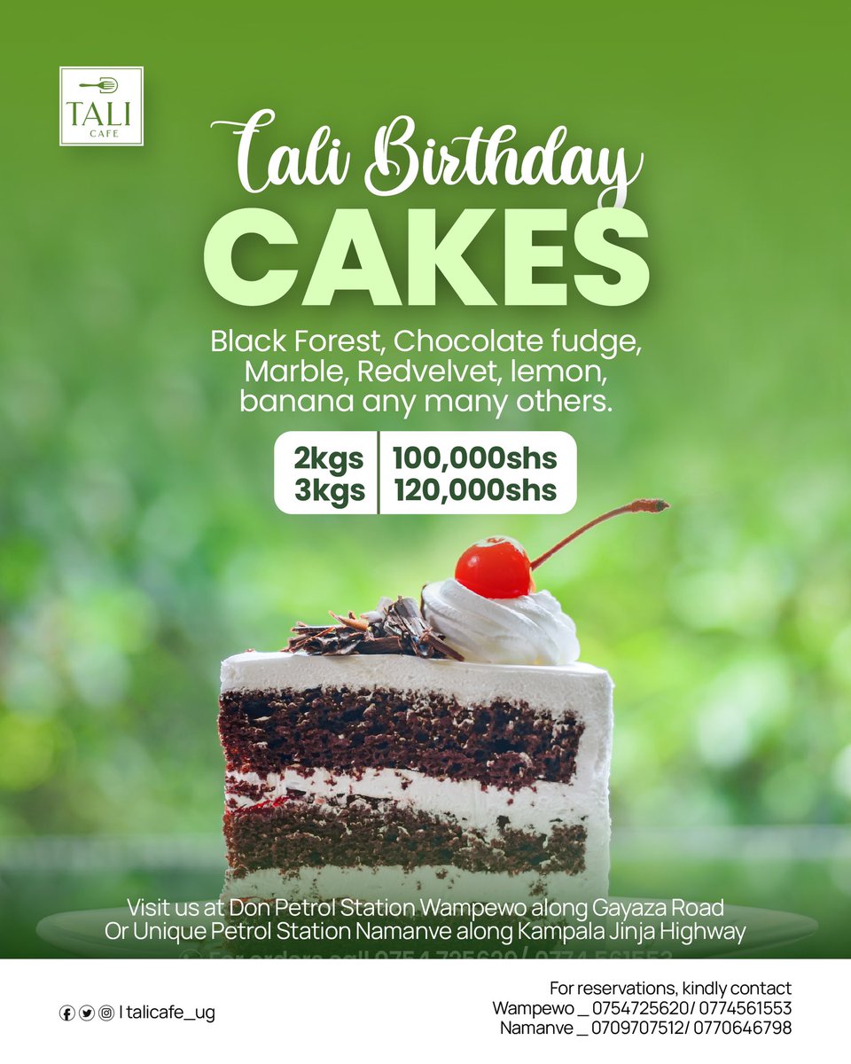 TALI BIRTHDAY CAKES
instagram.com/talicafe_ug?ig…

At Tali we get CAKEY any day and everyday. Celebrate your birthday with a special cake from us. We love the taste of Red Velvet, chocolate, Black Forest or lemon in our mouths. 

Available Cakes from either Chocolate Fudge,