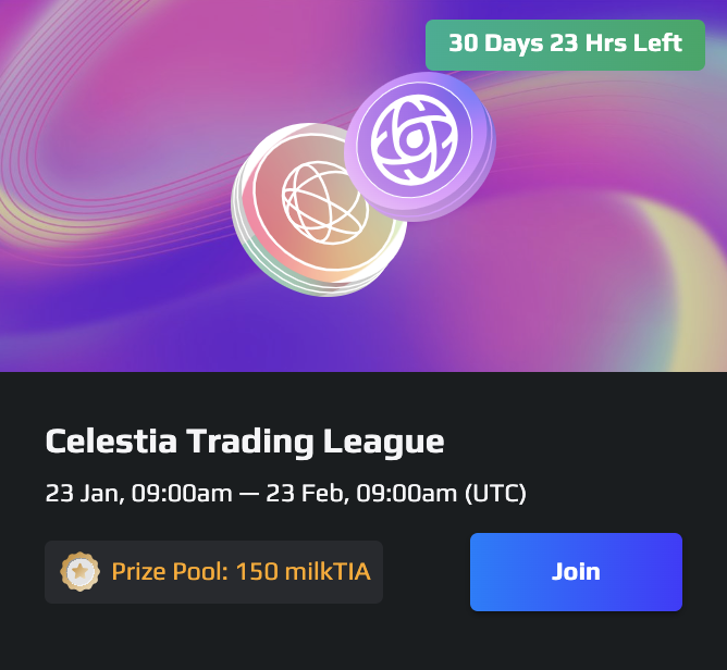 .<a href="/CelestiaOrg/">Celestia</a> has taken the #interchain by storm 🔥

what better way to celebrate the modular future than with a ✨Celestia Trading League✨

⏰ 23 Jan, 9am UTC - 23 Feb, 9am UTC
💸 up to 150 $milkTIA in prizes

trading $TIA gives you 3x more points than other perps 😉

trade