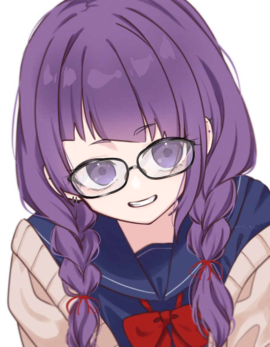 tanaka mamimi 1girl solo glasses purple hair purple eyes white background smile  illustration images