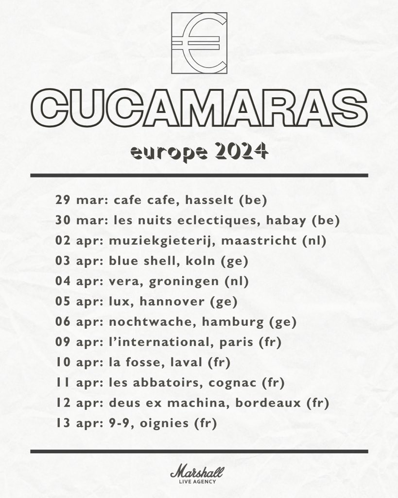 We embark on our longest stretch of live shows to date in Europe this Spring. Belgium, Netherlands, Germany and France. Tickets now available: linktr.ee/cucastour23