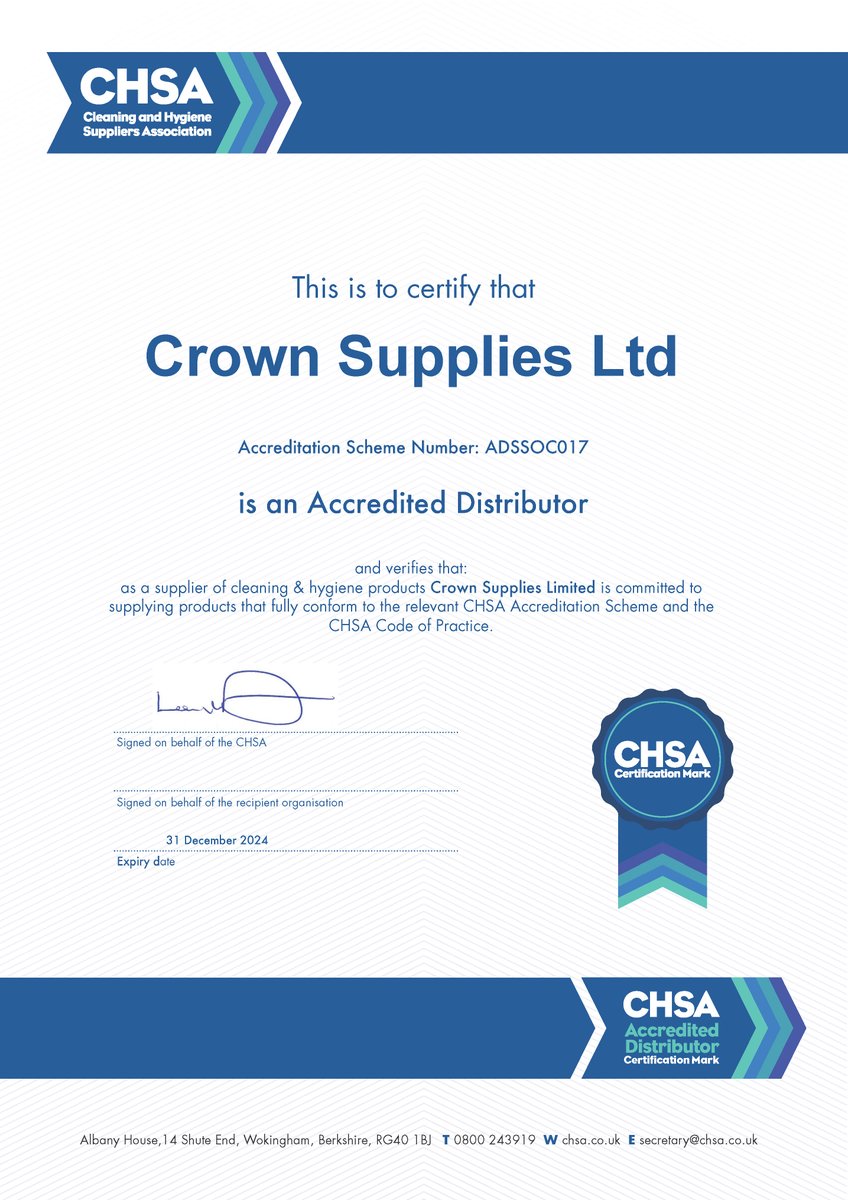Crown Supplies are an Accredited Distributor member of the CHSA, this means we follow the CHSA code of practise giving customers peace of mind about the products they are buying. #CHSA #Cleaning #Hygiene #Norfolk #Suffolk