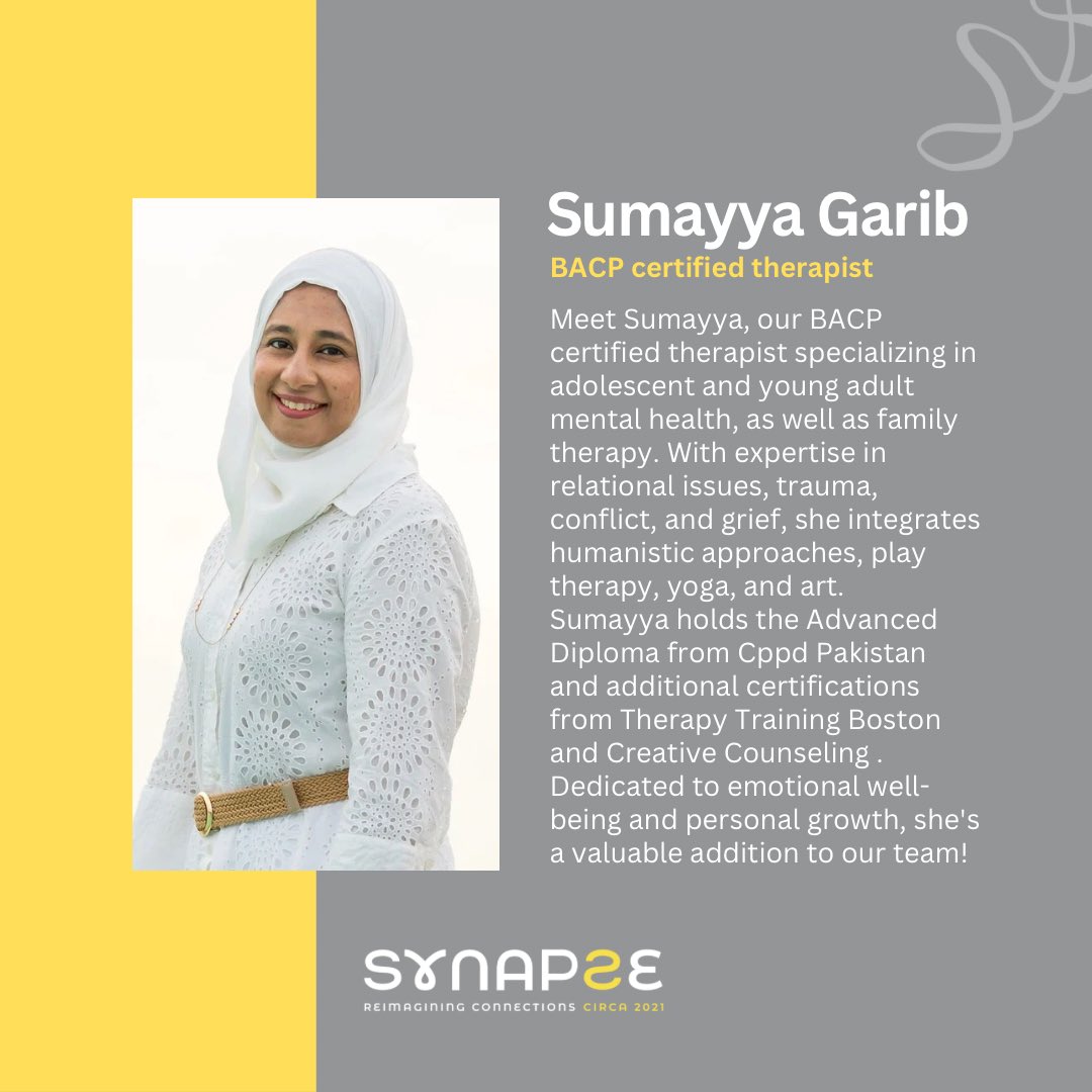 Meet Sumayya: BACP-certified therapist in adolescent mental health, family therapy, and trauma. Integrates humanistic approaches, play therapy, yoga, &art. Advanced Diploma from Cppd Pakistan & certifications from Therapy Training Boston & Creative Counseling.