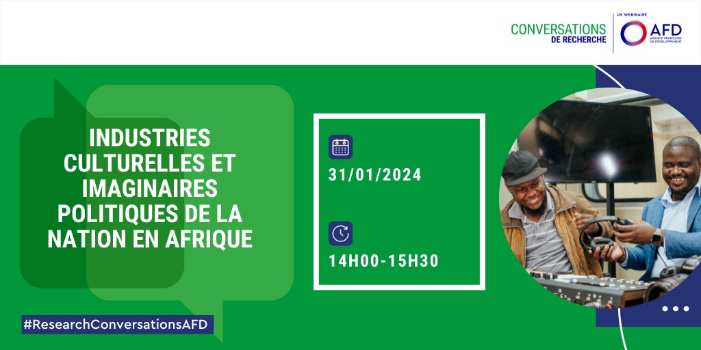 📆 Conférence le 31/01 de 14h00 à 15h30 | Rendez-vous pour une #ResearchConversationsAFD sur les secteurs audiovisuel et musical au Sénégal🇸🇳, en Côte d’Ivoire🇨🇮, au Nigeria🇳🇬, en RDC🇨🇩 et au Maroc🇲🇦 !

🔎Pour s'inscrire : bit.ly/4b1bkEV
<a href="/HDjoufelkit/">Helene Djoufelkit</a> <a href="/gaelle_mareuge/">Gaëlle Mareuge</a>