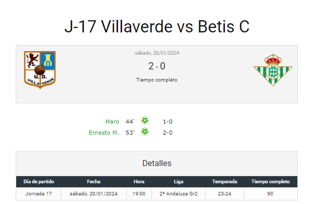 ⚽️ Consulta la ficha completa, video-resumen, zona mixta, estadísticas del partido, galerías de fotos
⚔️ Villaverde - #BetisC
📅 Jornada 17

➡️ betisweb.com/web/event/j-8-…

#CanteraBetis #VamosBetisC #Betis 💚
#CompeticiónBetisweb