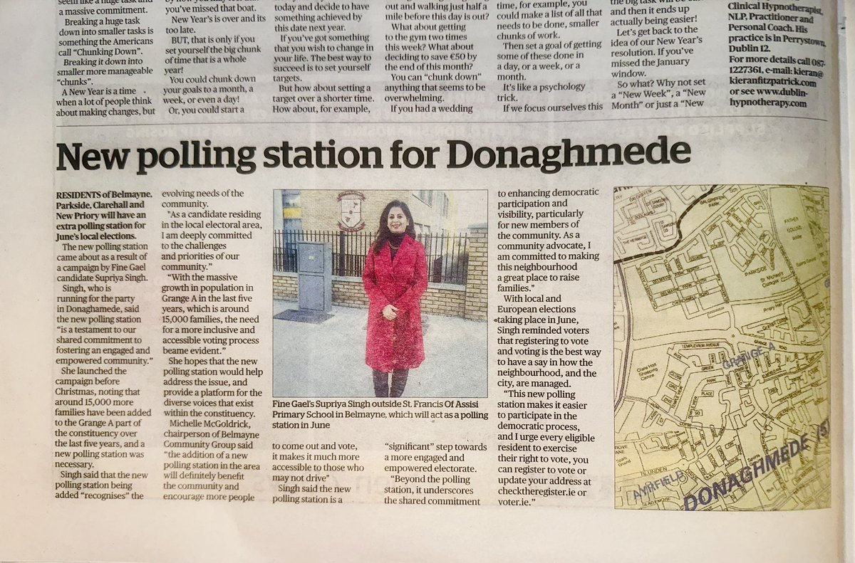 My interview in Northside Newspaper this week, higlights the approval of New Polling booth for Grange A residents. St Francis Assisi School will be serving as the new polling booth for Belmayne, Parkside & Clarehall residents @DBNFineGael #communityVoice #LE24