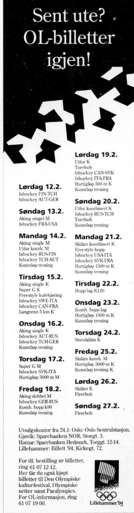 Sent ute? 20 dager før OL-start på <a href="/Lillehammer1994/">Lillehammer OL94</a> er det fortsatt noen billetter igjen. Hva har du billett til?
