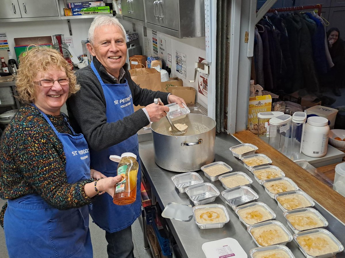 Our team will be delivering freshly made hot porridge, with a good dollop of golden syrup, to cold, wet rough sleepers in and around #exeter on this wet, windy January morning.

Serving up: Here's our kitchen manager, Linda, with volunteer, David.

#roughsleeping #homelessness