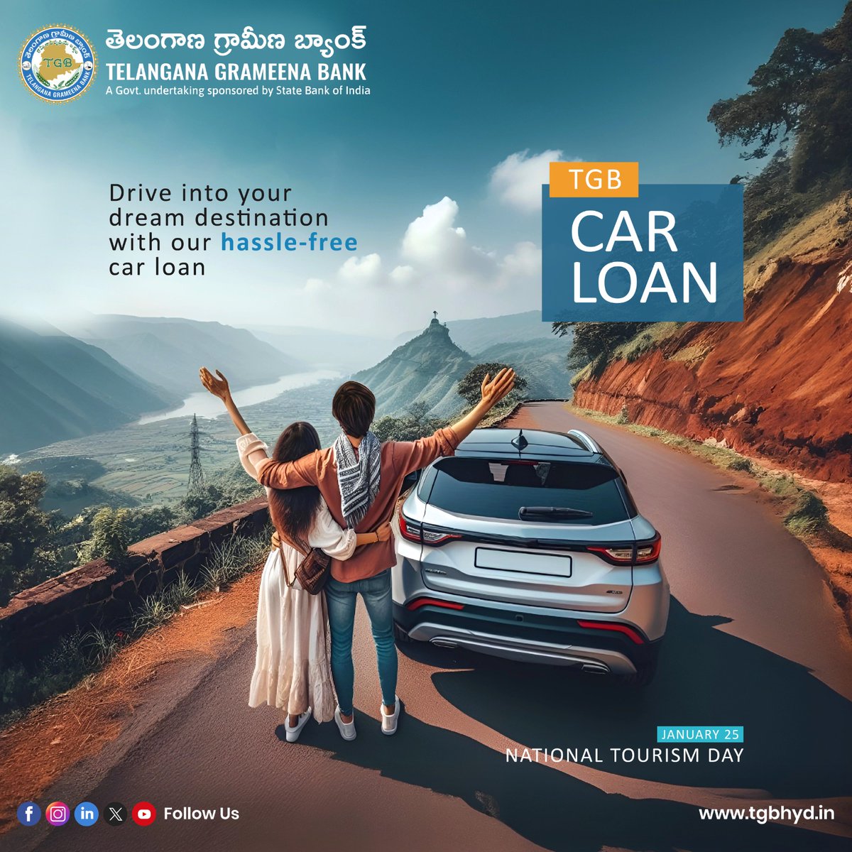 OfficialTGBHYD's tweet photo. National Tourism Day 2024 with theme "Sustainable Journeys, Timeless Memories,” emphasizing responsible and mindful travel.
Travel to your destinations in swag with help of TGB Car Loan.
#tourism #travel #carloan #owncar #TGBTalks #TGBCares #SBI https://t.co/nqYffClufE