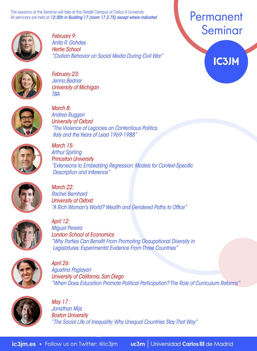 What a lineup! Get ready for the Spring @ic3jm! @ARGohdes @profjennabednar @aruggeri_eu @arthur_spirling @RIBernhard @miguelmaria @aspaglayan @JonathanMijs