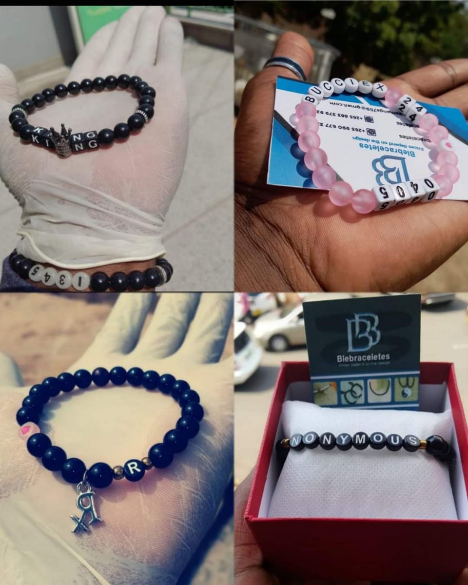 Am selling these bracelets, anklet, necklaces Customized it's 4500 A pair it's 8500 You can also choose any design that you like Available in Blantyre, Zomba and Lilongwe we also send elsewhere Hit me on 0994331659 #BlebraceletesBrand Retweet please 🙏