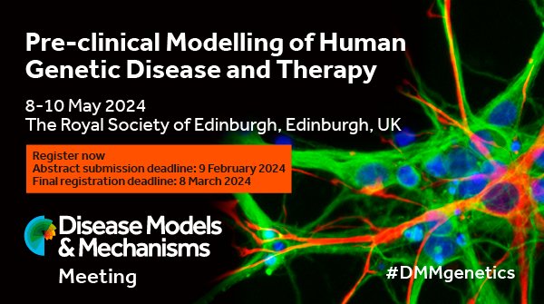 We've been delighted by the positive response to our #DMMgenetics Meeting and so that we can accommodate all those wishing to attend, we have secured a new venue in Edinburgh, @RoyalSocEd. There is still time to apply to attend. Deadline: 8 March 2024. biologists.com/meetings/dmmge…