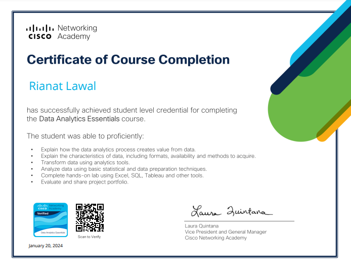 I am thrilled to share that I have successfully completed the Data Analytics Essentials course from Cisco Networking Academy. This journey has deepened my understanding of data analysis techniques and opened new avenues for exploration in the data-driven world.
#dataanalytics